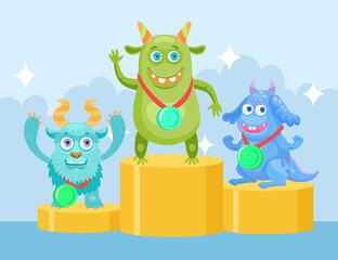 Wall Mural - Cartoon funny monsters at championship flat vector illustration. Happy colorful creatures characters getting prize-winning places. Fairytale, halloween, magic animals concept for children design, apps