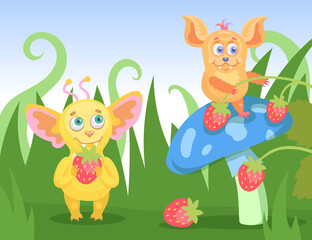 Wall Mural - Cartoon tiny funny monsters collecting berries in grass. Flat vector illustration. Happy colorful creatures characters, gathering wild strawberry near giant mushroom. Fairytale, magic animals concept