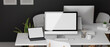 © bongkarn - 3D rendering, interior office design with two office desk opposite each other with computer devices and office supplies