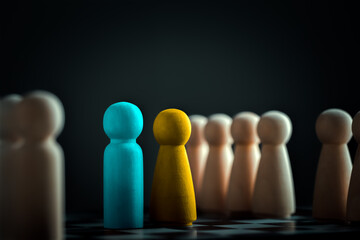 Blue wooden dolls for men and yellow for women. Representatives of the two teams are facing each other on a chessboard. Business competition. Two colleagues having disagreement and conflict.