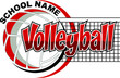volleyball team design with ball and net for school, college or league