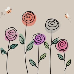 Wall Mural - Colorful painting of roses and bees on pastel background
