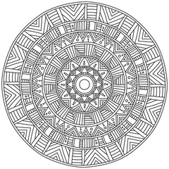 Symmetrical contour mandala with linear patterns, meditative coloring page in the shape of a circle