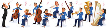 Music Conductor And Symphony Orchestra On White Background. Performing With Various Kinds Of Musical Instruments. Vector Illustration In Flat Cartoon Style.