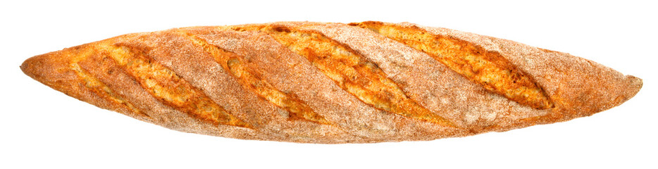 The baguette is isolated on a white background. Bread bun, French baguette.