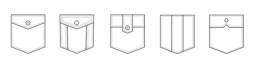 patch pocket. set of uniform patch pockets shapes for clothes, dress, shirt, casual denim style. iso