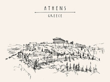 Vector Parthenon Temple And The Acropolis Hill In Athens, Greece. Hand Drawing In Retro Style. Travel Sketch. Vintage Touristic Postcard, Poster, Calendar Or Book Illustration