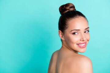Wall Mural - profile side view portrait of attractive cheery girl fresh skin aesthetic copy space ad isolated ove