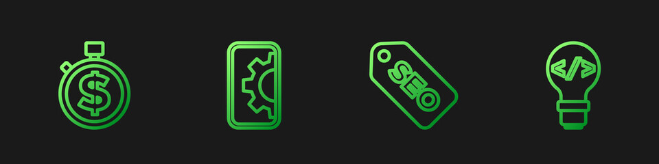 Set line SEO optimization, Time is money, Web development and Front end. Gradient color icons. Vector