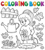 Fototapeta  - Coloring book girl gardener theme set 1
