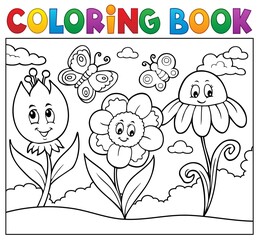 Poster - Coloring book happy cartoon flowers image 1