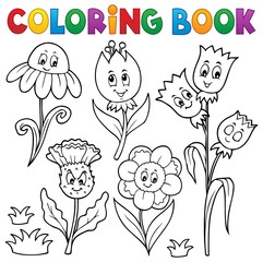 Poster - Coloring book happy cartoon flowers set 1