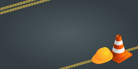 vector background with orange plastic traffic cones, construction helmet, safety tape and copyspace.