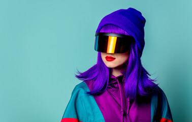 Poster - Stylish girl in cyber punk glasses and 80s tracksuit on blue background