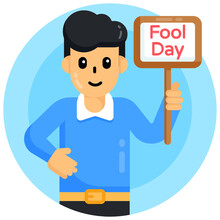 
Man With Fools Day Placard, Flat Round Icon


