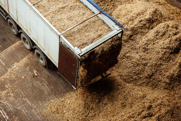 top view of the excavator at the factory. heavy industrial machinery moves around the territory of the enterprise. empty iron bucket of tractor