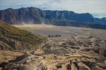 Wall Mural - View from the top of Mount Bromo on people descending from the crater of this volcano, Bromo Tengger Semeru National Park