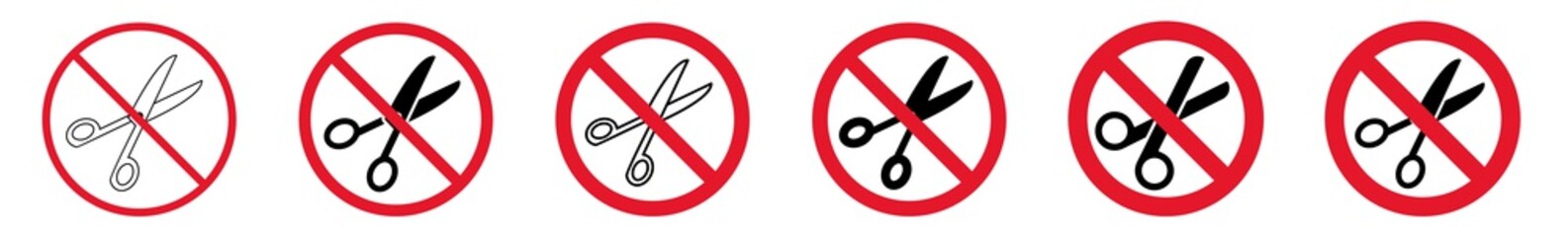 Wall Mural - Prohibition Sign Scissors Cut Forbidden Icon Set | Scissors Cutting Prohibition Signs Prohibited Vector Illustration Logo | Scissors Sharp Pointed Prohibition Sign Isolated Collection