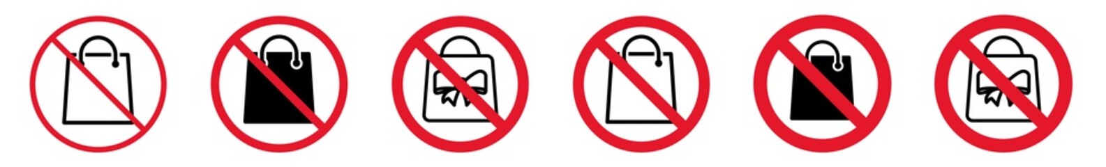 Wall Mural - Prohibition Sign Shopping Bag Buying Forbidden Icon Set | Paper Bags Prohibition Signs Prohibited Vector Illustration Logo | Commerce Prohibition Sign Isolated Collection