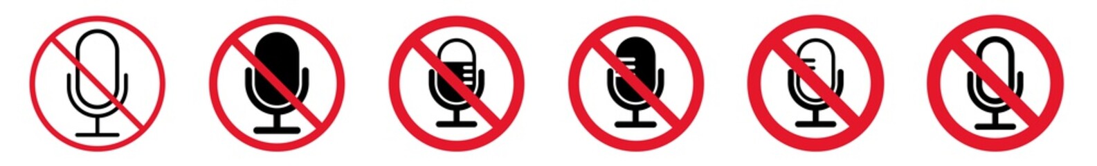Wall Mural - Prohibition Sign Microphone Forbidden Icon Set | Microphones Prohibition Signs Music Mic Prohibited Vector Illustration Logo | Microphone Prohibition Sign Isolated Collection