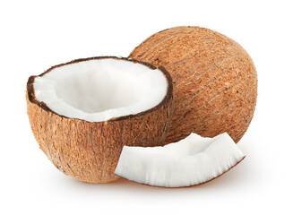 Canvas Print - Isolated coconuts. Whole coconut with half and piece isolated on white background, with clipping path