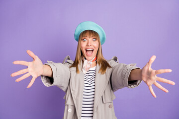 Poster - Photo of amazed lady stretch hands you open mouth wear blue beret scarf coat isolated violet color background