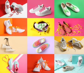 Wall Mural - Stylish shoes with bright laces on different color backgrounds, collage