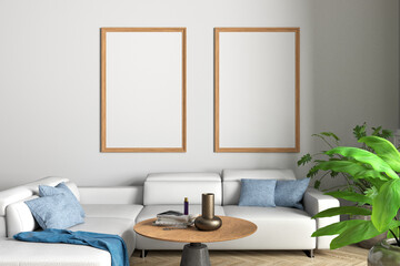 Canvas Print - Two vertical blank posters mock up on white wall in interior of contemporary living room.