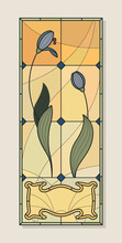 Art Nouveau Style Stained Glass Mosaic Vector Illustration, Tulip Flowers And Decorative Elements 