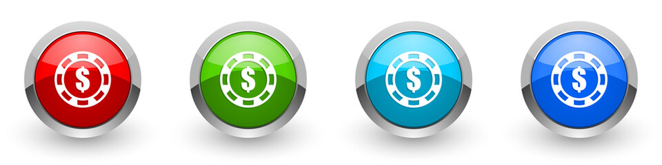 Leinwandbilder - Casino chip silver metallic glossy icons, set of modern design buttons for web, internet and mobile applications in four colors options isolated on white background