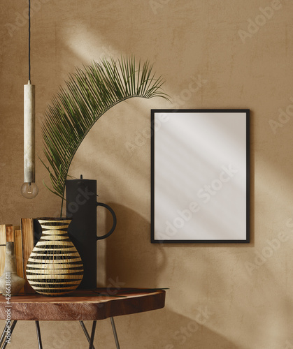 Mockup frame close up in nomadic home interior background, 3d render