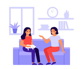 Two fun women friends talk at home on couch. Happy girls with cat are meeting and conversation. People spending time together having friendly communication. Vector flat illustration