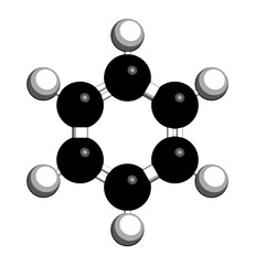 Sticker - Benzene aromatic hydrocarbon molecule. Important in petrochemistry, component of gasoline. 3D rendering. Atoms are represented as spheres with conventional color coding