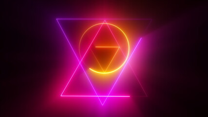 Esoteric 3d render triangle with glowing lines and star david. Occult bright geometric pentacle that ignites in mystical witchcraft fire. Polygonal alchemical talisman with pagan symbols.