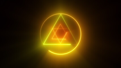 Esoteric 3d render triangle with glowing lines and star david. Occult bright geometric pentacle that ignites in mystical witchcraft fire. Polygonal alchemical talisman with pagan symbols.