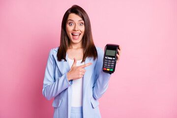 Sticker - Photo of young attractive woman excited happy smile show point index finger pos reader terminal isolated over pastel color background