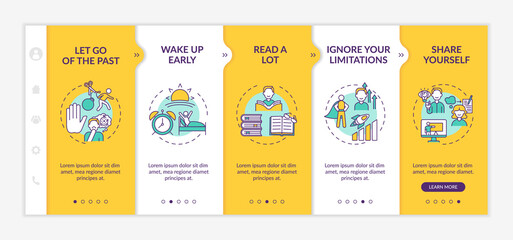 Self-development methods onboarding vector template. Responsive mobile website with icons. Web page walkthrough 5 step screens. Personal improvement color concept with linear illustrations