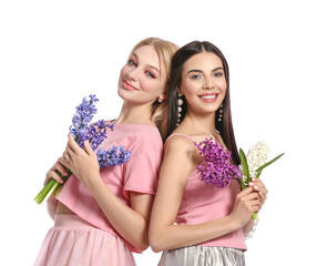 Wall Mural - Beautiful young women with hyacinth flowers on white  background