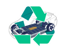 Modern Electric Car Chassis Design Battery Modular Platform Skateboard Module Pack Board With Green Recycling Symbol Sign.  Recycle Vehicle Components Battery Cell Pack, Motor Powertrain, Controller.