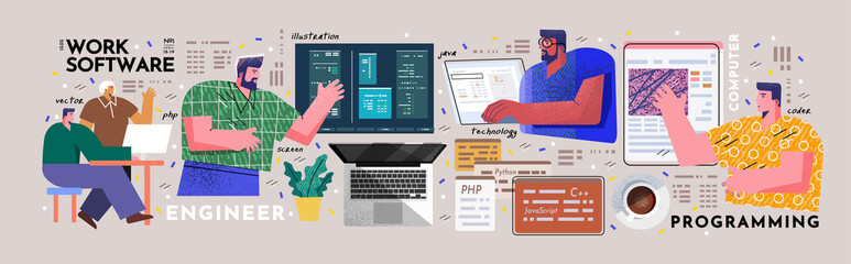 engineer, software and programming. vector illustration of working people at the computer in the off
