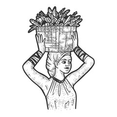 girl with a basket of fruits on her head sketch engraving vector illustration. T-shirt apparel print design. Scratch board imitation. Black and white hand drawn image.