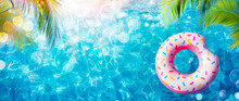 Inflatable Donut In Pool With Palm Leaves And Sunlight