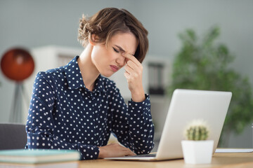 Sticker - Portrait of attractive sick overworked girl expert feeling bad chronic migraine pain spasm in workplace workstation indoors