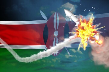 Strategic rocket destroyed in air, Kenya nuclear missile protection concept - missile defense military industrial 3D illustration