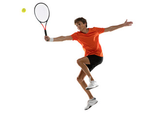 Wall Mural - Young Caucasian man, tennis player training isolated on white background.