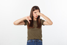 Disgusted Young Blonde Closing Her Nose With Her Fingers. Isolated Over White Background.