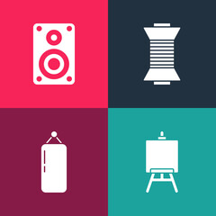 Poster - Set pop art Easel or painting art boards, Punching bag, Sewing thread on spool and Stereo speaker icon. Vector