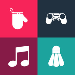 Poster - Set pop art Badminton shuttlecock, Music note, tone, Gamepad and Oven glove icon. Vector