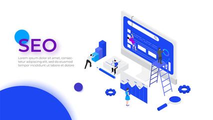 Wall Mural - isometric seo analyses and optimization design concept with characters. vector illustration. landing
