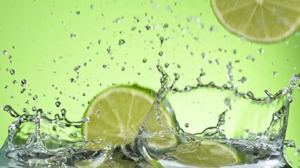 Fototapete - Fresh Limes Slices Falling with Water Splash in Super Slow Motion.